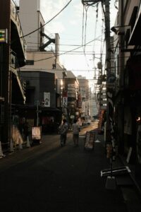 Street scene with buildings and overhead wires