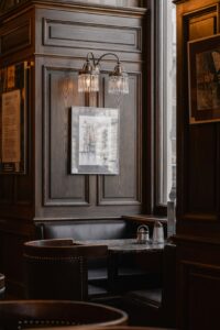 Cozy booth seating with wood paneling and vintage decor